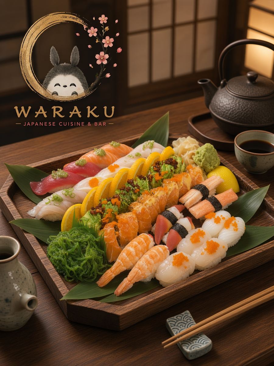 Assorted nigiri and sashimi on a wooden tray
