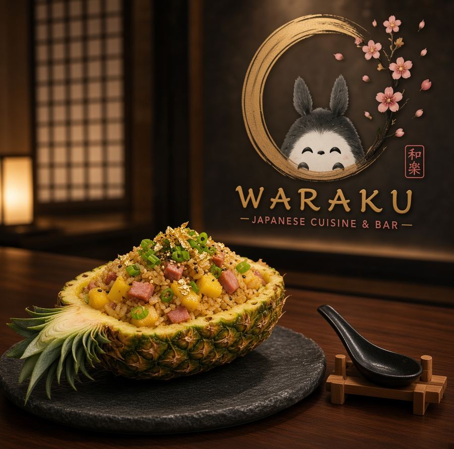 Pineapple fried rice served in a halved pineapple with gold leaf